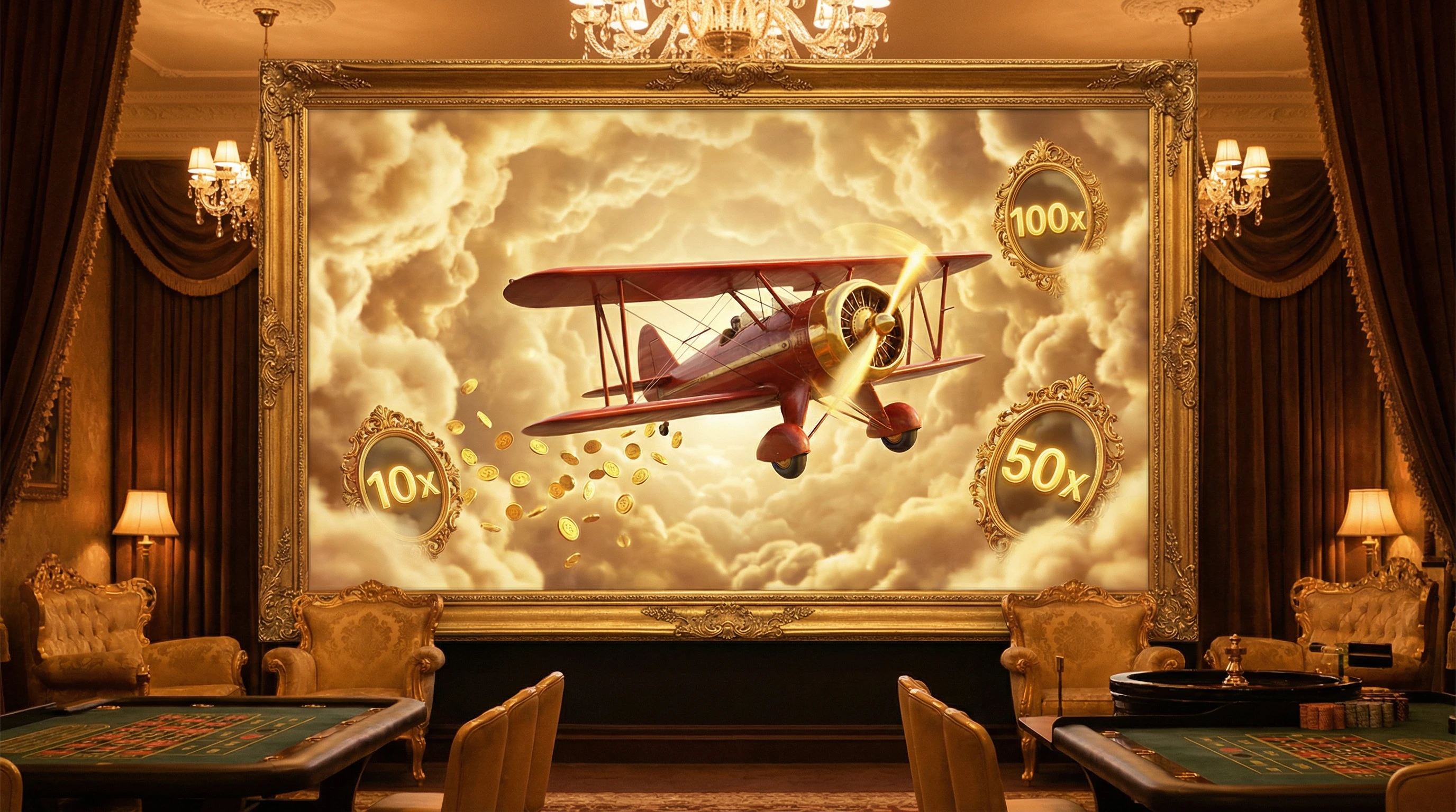 Juego Aviator con avión vintage volando entre multiplicadores dorados 10x 50x 100x