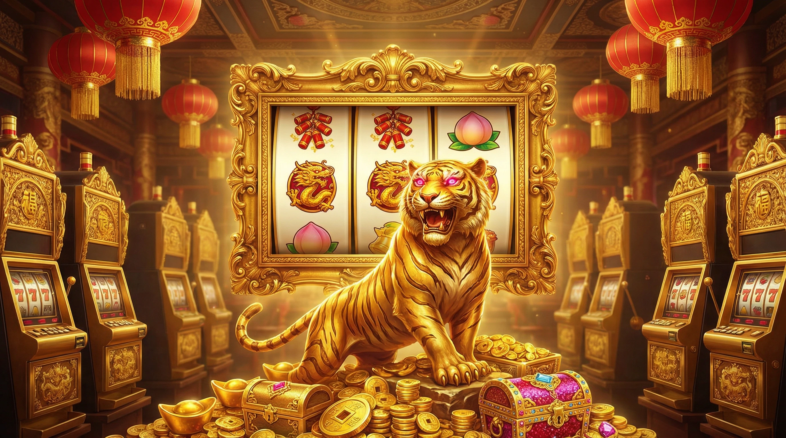 Fortune Tiger tragamonedas con tigre dorado majestuoso y símbolos de la suerte chinos
